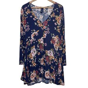 BLUE RAIN | Women's Navy Blue V-Neck Long Sleeve Floral Mini Dress | Size M